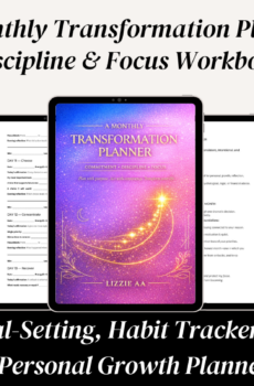 A Monthly Transformation Planner by LIZZIE AA featuring goal-setting, habit tracking, discipline and focus tools