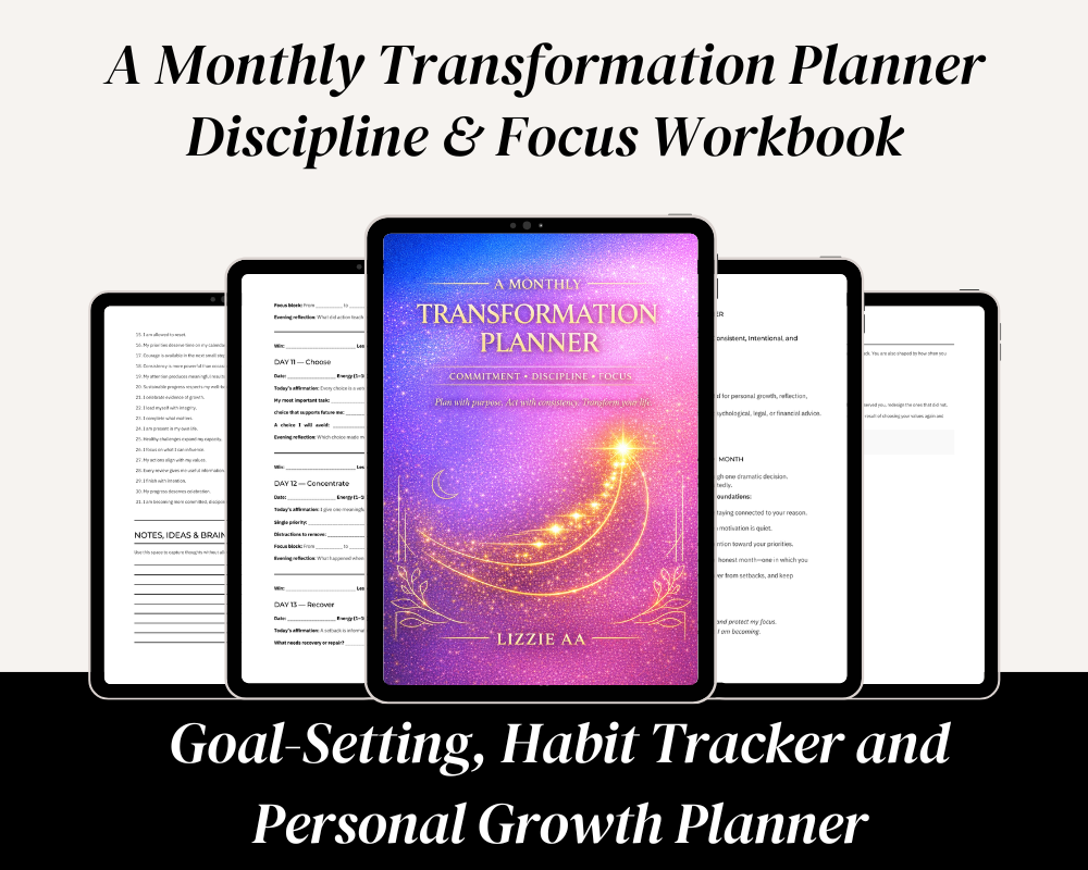 A Monthly Transformation Planner by LIZZIE AA featuring goal-setting, habit tracking, discipline and focus tools