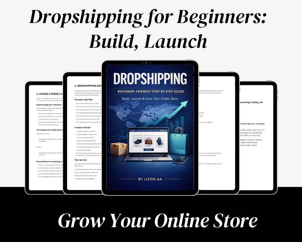 Dropshipping beginner-friendly step-by-step ebook by Lizzie AA for starting and growing an online store
