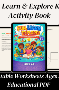 un Learn & Explore children’s activity sheets book preview for ages 5–8 by LIZZIE AA