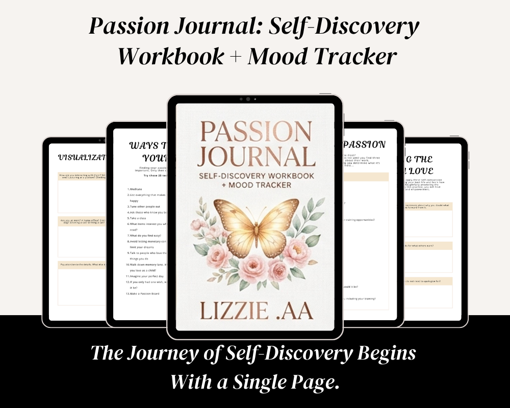 Passion Journal self-discovery workbook and mood tracker by LIZZIE. AA