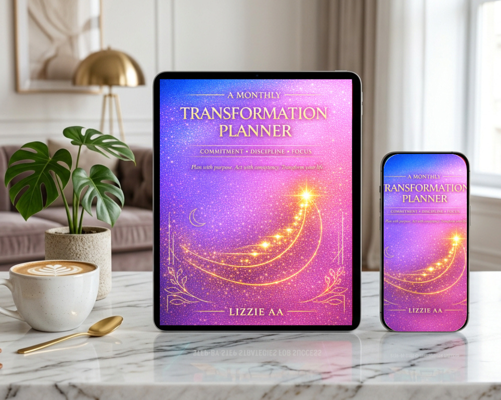 A Monthly Transformation Planner by LIZZIE AA featuring goal-setting, habit tracking, discipline and focus tools