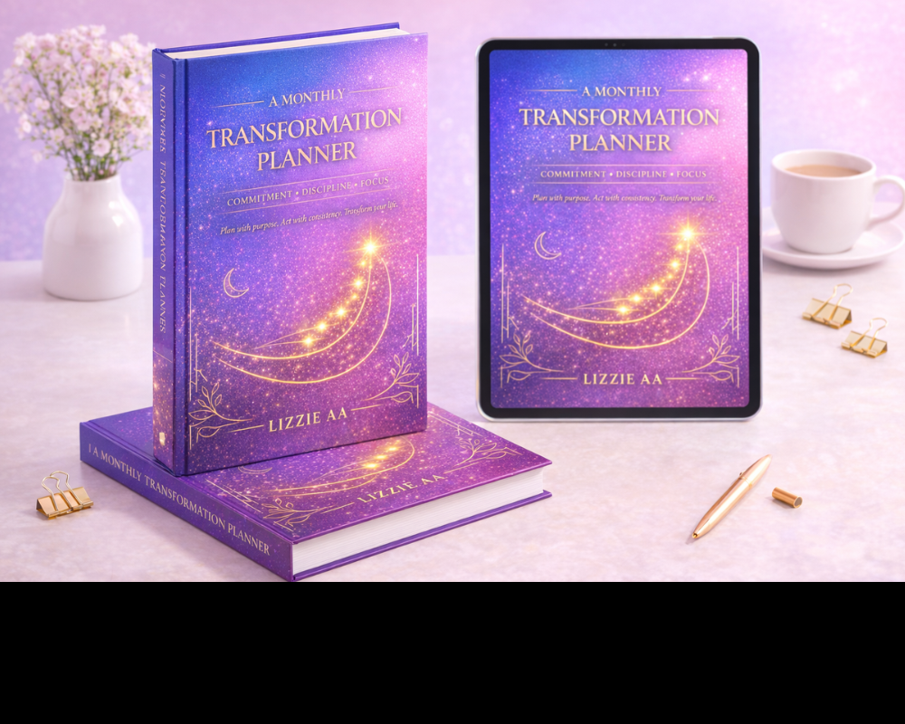 A Monthly Transformation Planner by LIZZIE AA featuring goal-setting, habit tracking, discipline and focus tools