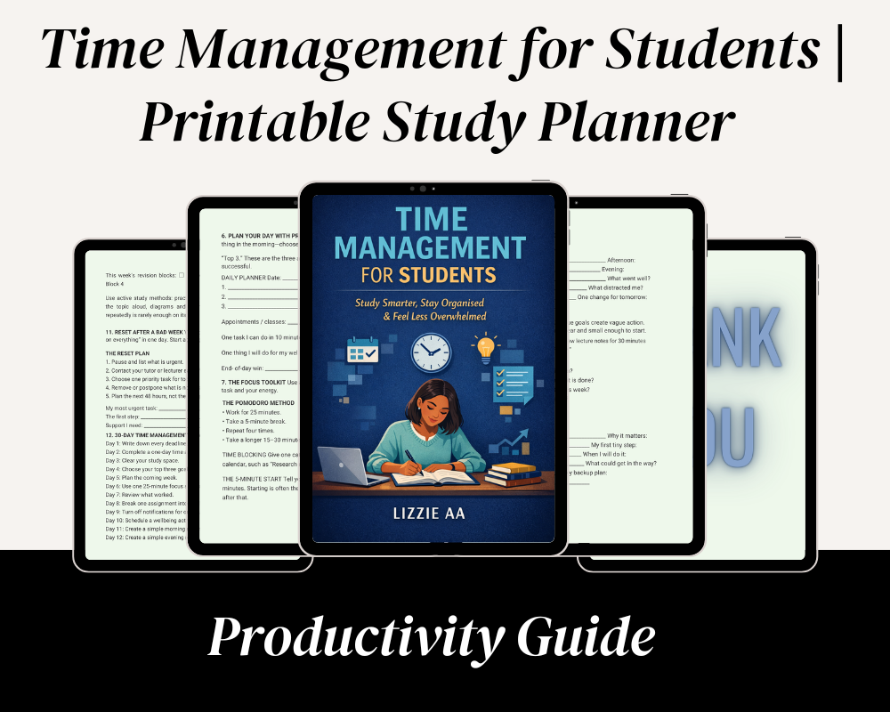 Time Management for Students printable study planner and productivity guide by LIZZIE AA