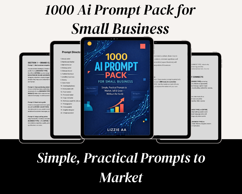 1000 AI Prompt Pack for Small Business ebook and prompt worksheet preview by LIZZIE AA
