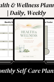 Health & Wellness Planner cover in sage green, blush pink, cream, and gold with daily, weekly, and monthly wellness planning features.