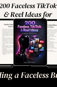 3D ebook mockup for 200 Faceless TikTok and Reel Ideas for Building a Faceless Brand, displayed beside a smartphone with faceless content branding.