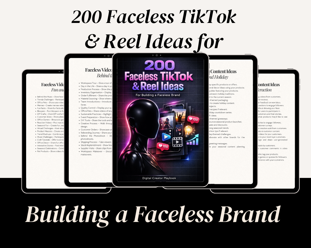 3D ebook mockup for 200 Faceless TikTok and Reel Ideas for Building a Faceless Brand, displayed beside a smartphone with faceless content branding.