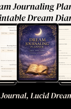 Premium printable Dream Journaling Planner featuring guided dream reflection prompts, monthly dream review pages, a gentle reminder page, and elegant lined notes pages in a calming celestial journal design.