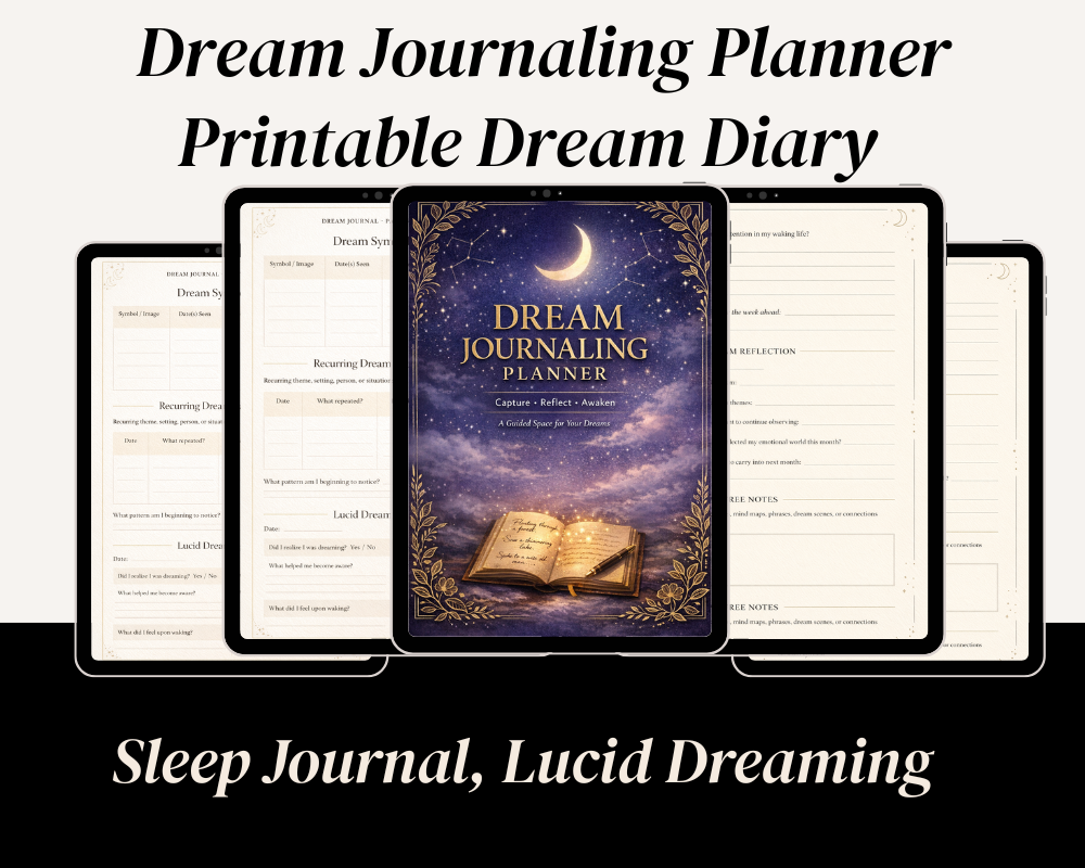Premium printable Dream Journaling Planner featuring guided dream reflection prompts, monthly dream review pages, a gentle reminder page, and elegant lined notes pages in a calming celestial journal design.