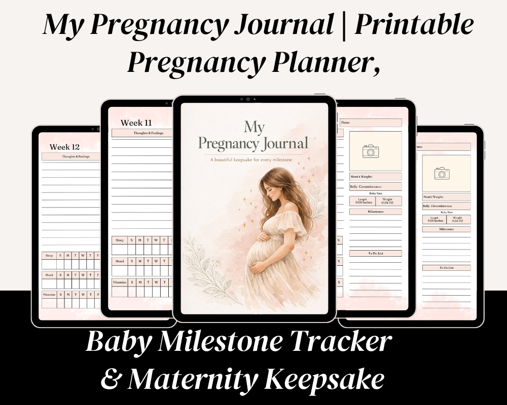 My Pregnancy Journal digital pregnancy planner cover with illustrated pregnant woman