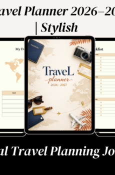 Travel Planner 2026–2027 cover featuring a world map, passport, vintage camera, boarding pass, sunglasses, airplane, and travel-themed accessories.