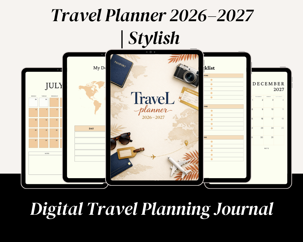 Travel Planner 2026–2027 cover featuring a world map, passport, vintage camera, boarding pass, sunglasses, airplane, and travel-themed accessories.