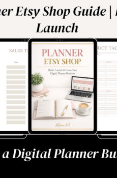 PLANNER ETSY SHOP eBook cover featuring a guide to build, launch, and grow a digital planner business, with a planner, laptop, coffee, and elegant feminine workspace.