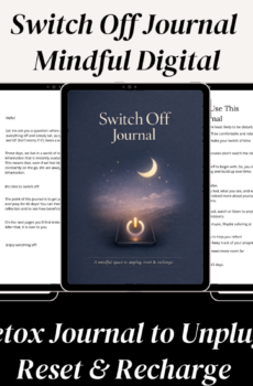 Switch Off Journal digital detox journal cover in navy blue with a glowing crescent moon, stars, a phone power icon, and the words “A mindful space to unplug, reset & recharge.”