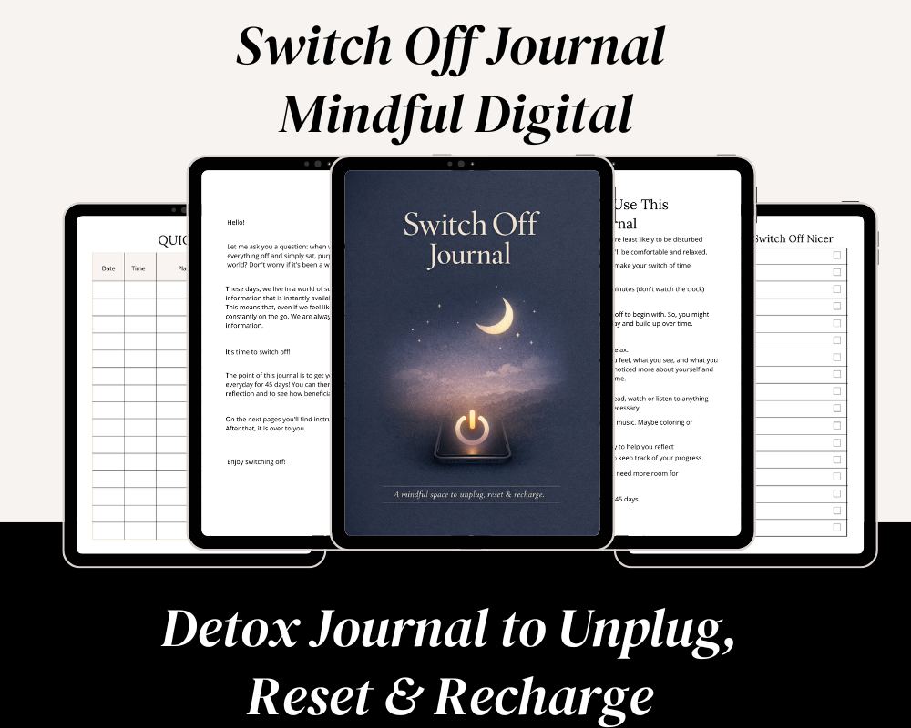 Switch Off Journal digital detox journal cover in navy blue with a glowing crescent moon, stars, a phone power icon, and the words “A mindful space to unplug, reset & recharge.”