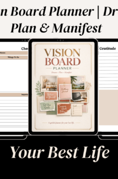 Vision Board Planner cover with Dream, Plan, Manifest text and inspiring lifestyle vision board images in warm neutral tones.