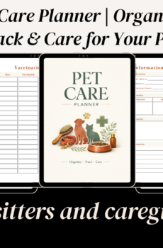 Pet Care Planner cover featuring dog and cat illustrations, grooming brush, collar, pet food bowl, medication bottle, and veterinary cross icon.