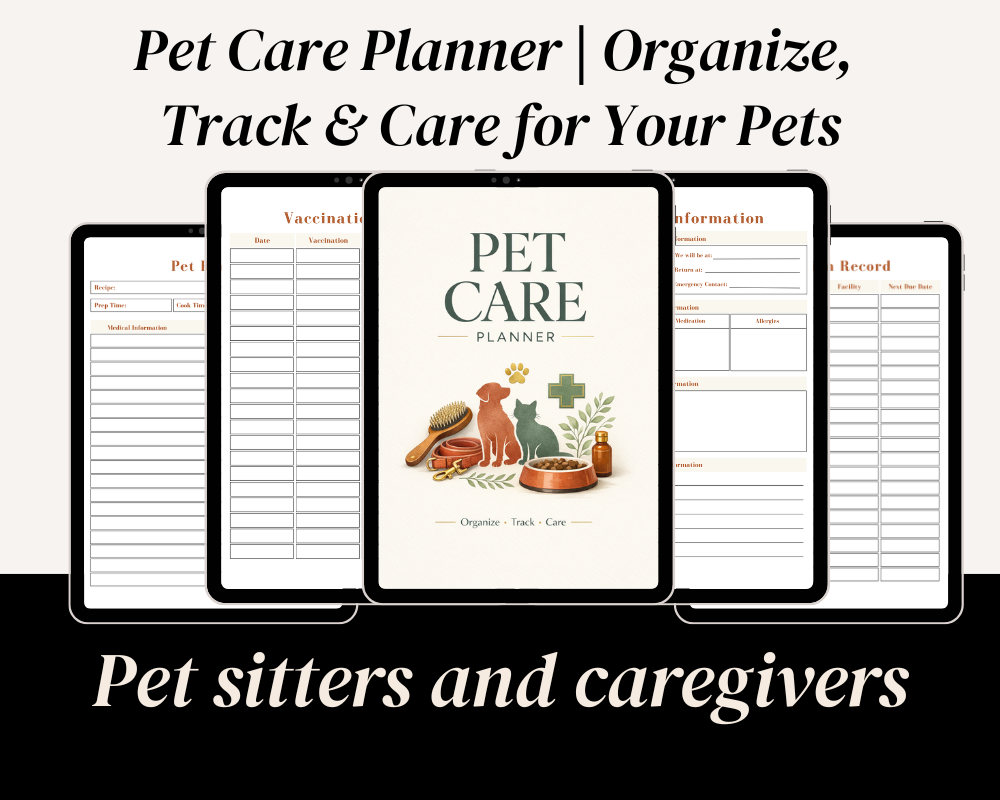 Pet Care Planner cover featuring dog and cat illustrations, grooming brush, collar, pet food bowl, medication bottle, and veterinary cross icon.