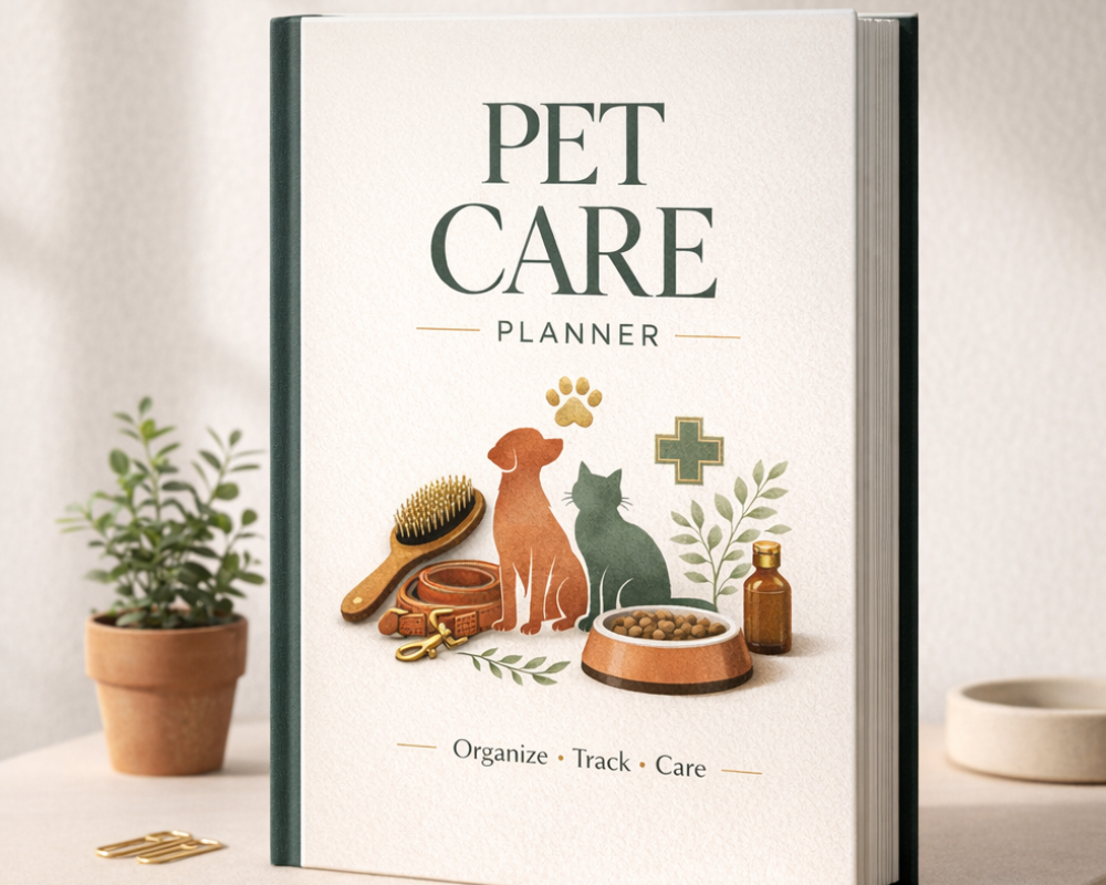 Pet Care Planner cover featuring dog and cat illustrations, grooming brush, collar, pet food bowl, medication bottle, and veterinary cross icon.