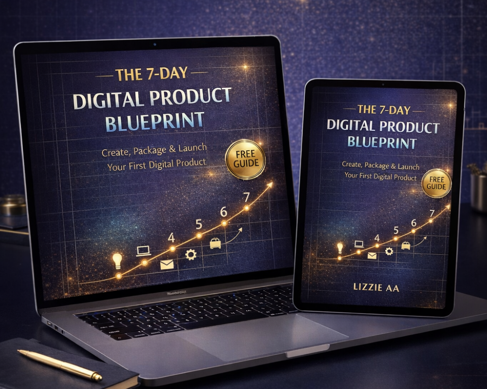 The 7-Day Digital Product Blueprint ebook cover by Lizzie AA, a free guide to creating, packaging, and launching a first digital product.