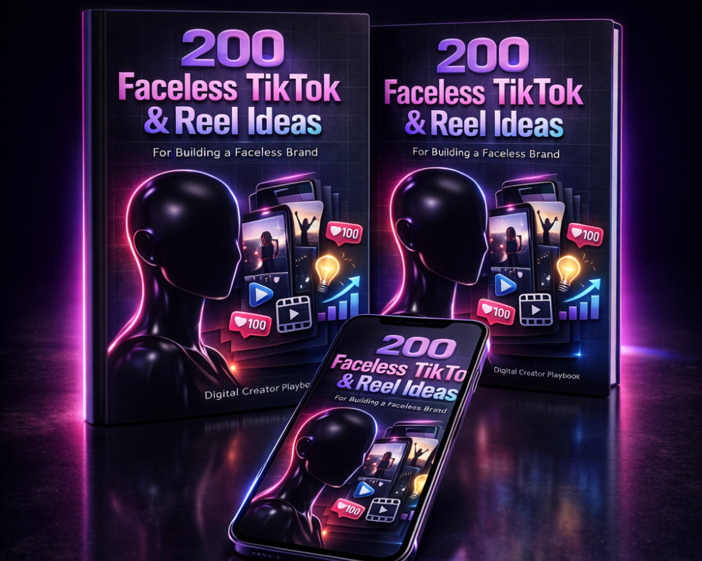 3D ebook mockup for 200 Faceless TikTok and Reel Ideas for Building a Faceless Brand, displayed beside a smartphone with faceless content branding.