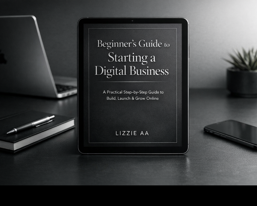Beginner’s Guide to Starting a Digital Business in 2026 ebook mockup by LIZZIE AA