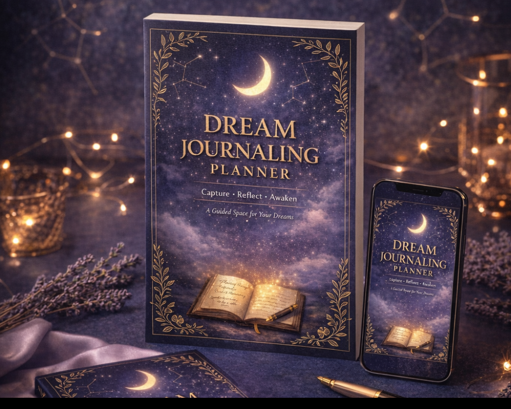 Premium printable Dream Journaling Planner featuring guided dream reflection prompts, monthly dream review pages, a gentle reminder page, and elegant lined notes pages in a calming celestial journal design.