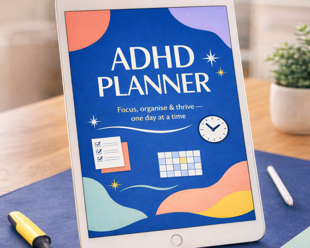 ADHD Planner displayed on iPad in colourful office workspace