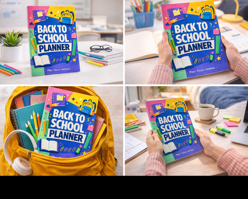 Colorful Back to School Planner mockup with weekly schedule, study planner pages, and goal-setting sections for students.