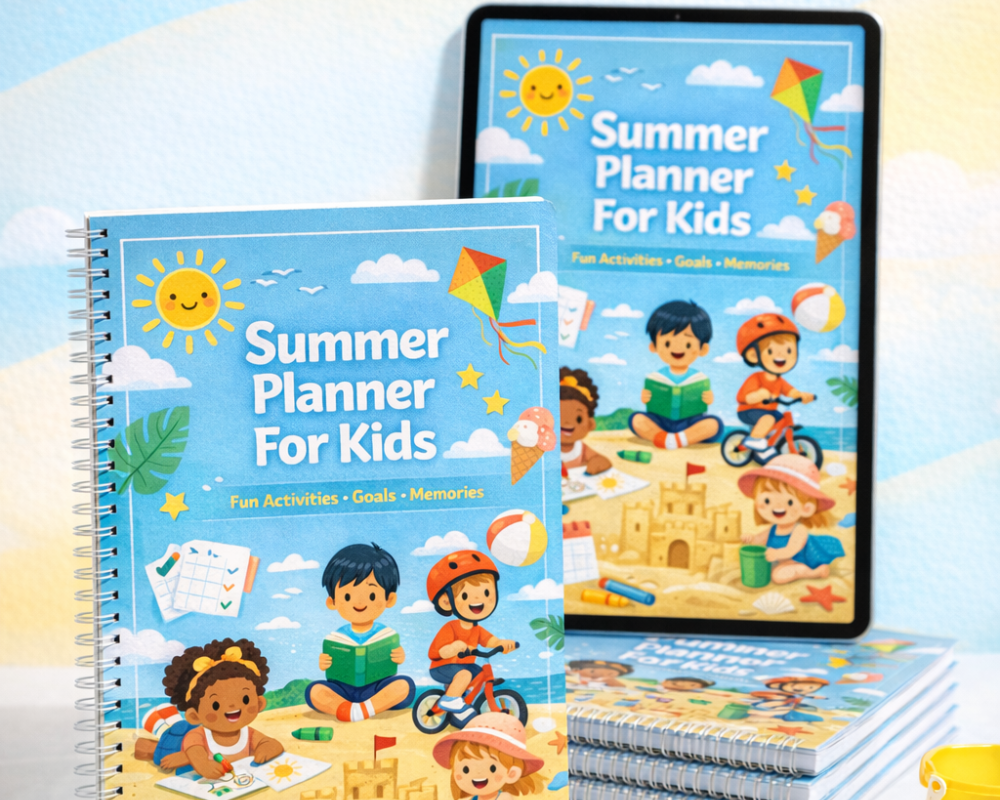 Colorful Summer Planner for Kids cover featuring children playing at the beach, a sandcastle, kite, bicycle, ice cream, and summer activity illustrations.