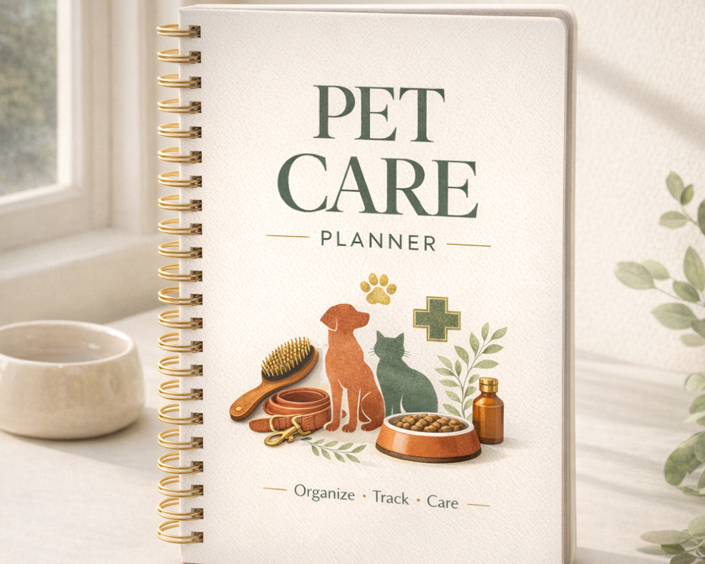 Pet Care Planner cover featuring dog and cat illustrations, grooming brush, collar, pet food bowl, medication bottle, and veterinary cross icon.