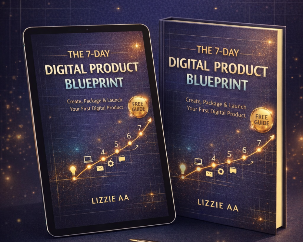 The 7-Day Digital Product Blueprint ebook cover by Lizzie AA, a free guide to creating, packaging, and launching a first digital product.