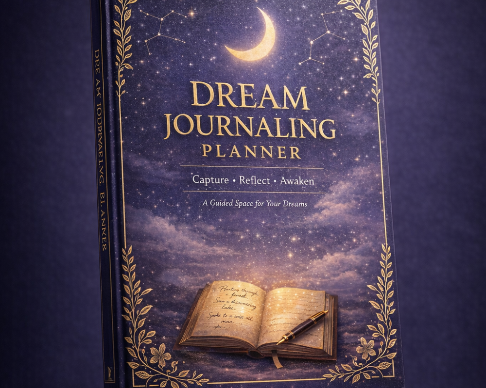 Premium printable Dream Journaling Planner featuring guided dream reflection prompts, monthly dream review pages, a gentle reminder page, and elegant lined notes pages in a calming celestial journal design.