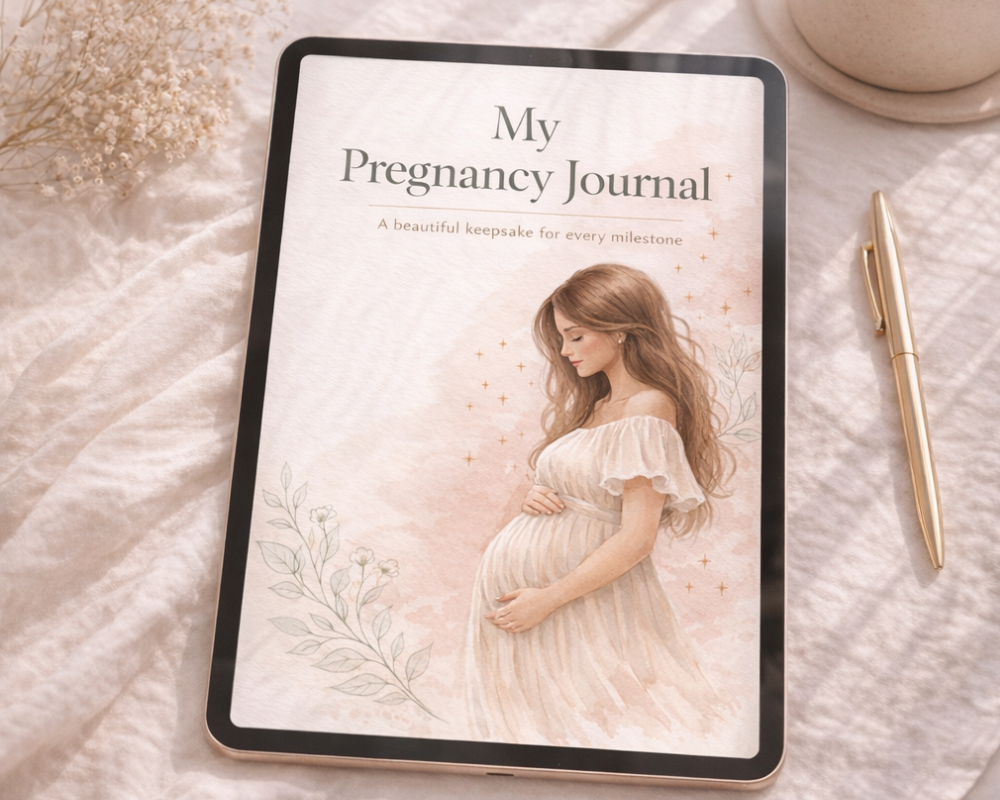 My Pregnancy Journal digital pregnancy planner cover with illustrated pregnant woman