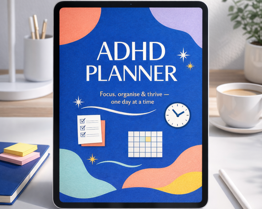 ADHD Planner displayed on iPad in colourful office workspace