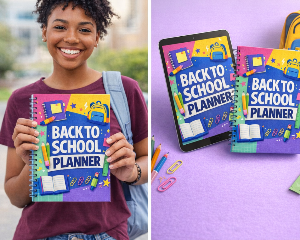 Colorful Back to School Planner mockup with weekly schedule, study planner pages, and goal-setting sections for students.