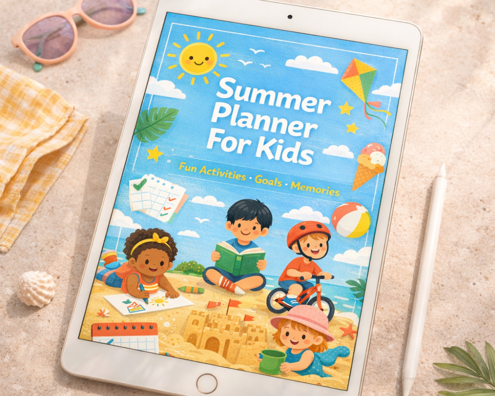 Colorful Summer Planner for Kids cover featuring children playing at the beach, a sandcastle, kite, bicycle, ice cream, and summer activity illustrations.