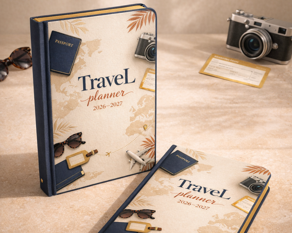 Travel Planner 2026–2027 cover featuring a world map, passport, vintage camera, boarding pass, sunglasses, airplane, and travel-themed accessories.