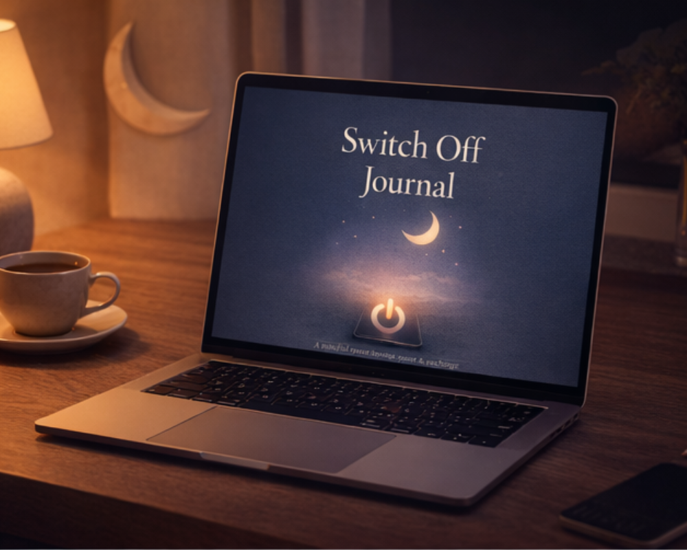 Switch Off Journal digital detox journal cover in navy blue with a glowing crescent moon, stars, a phone power icon, and the words “A mindful space to unplug, reset & recharge.”