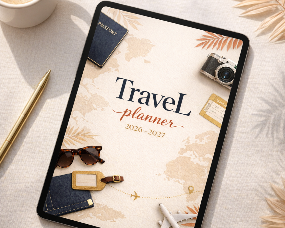 Travel Planner 2026–2027 cover featuring a world map, passport, vintage camera, boarding pass, sunglasses, airplane, and travel-themed accessories.