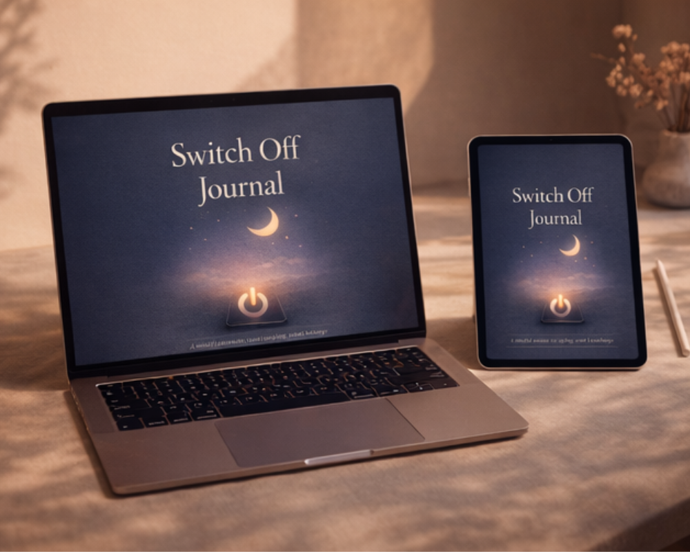 Switch Off Journal digital detox journal cover in navy blue with a glowing crescent moon, stars, a phone power icon, and the words “A mindful space to unplug, reset & recharge.”