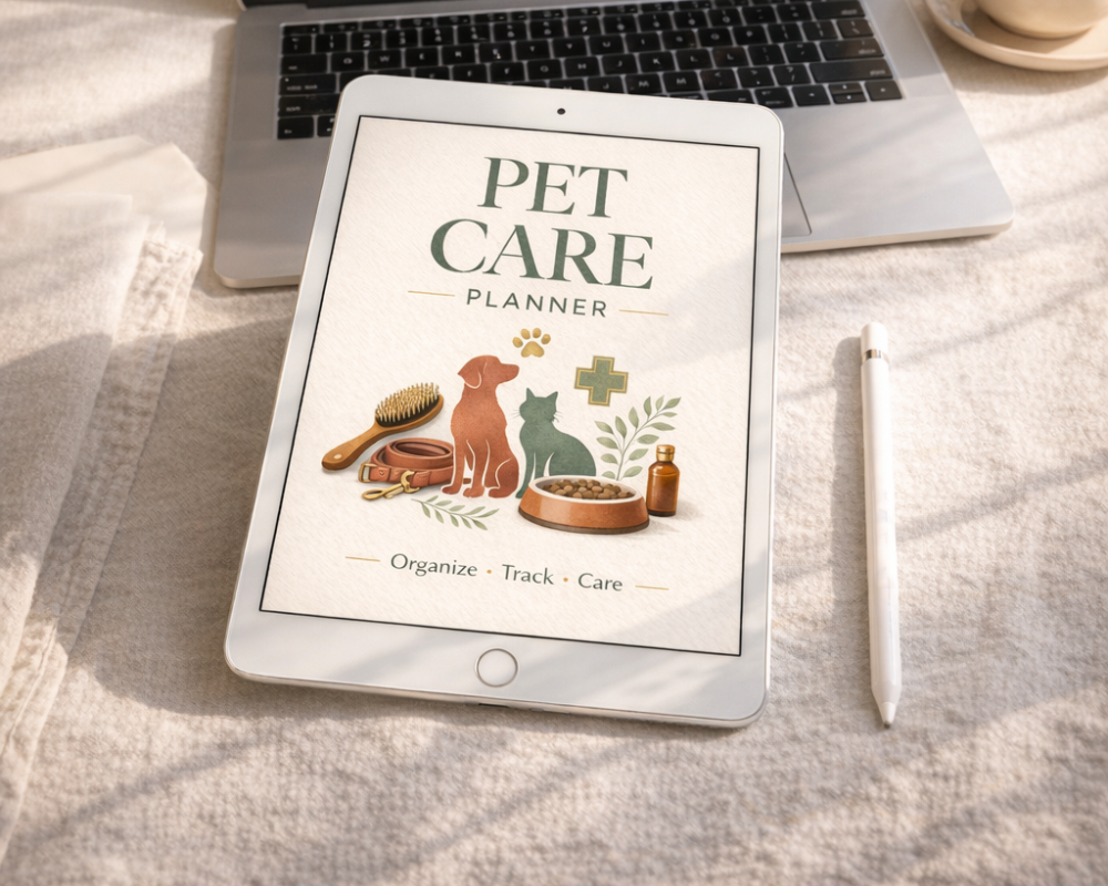 Pet Care Planner cover featuring dog and cat illustrations, grooming brush, collar, pet food bowl, medication bottle, and veterinary cross icon.