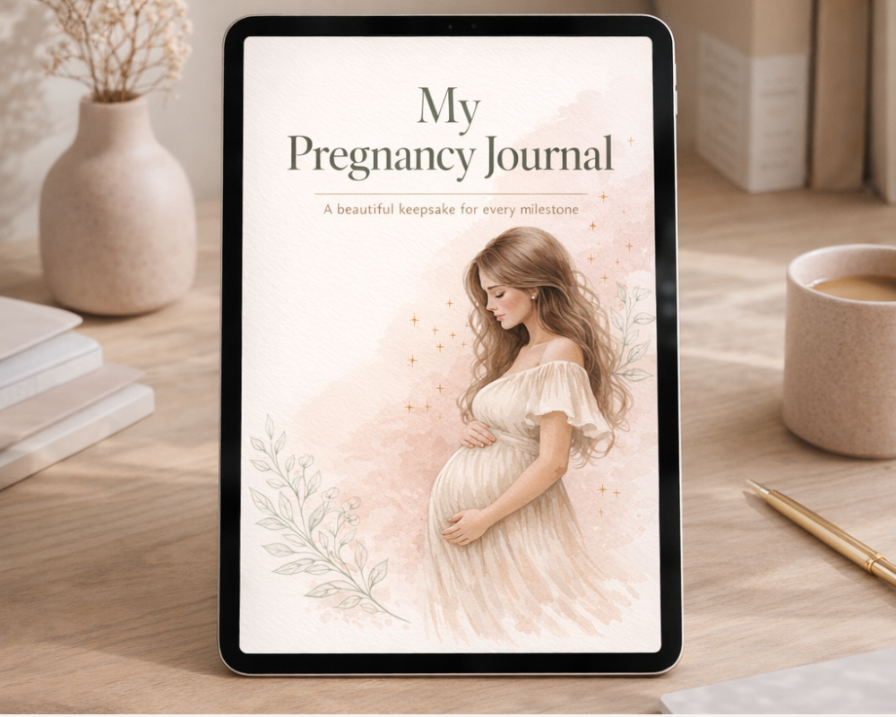 My Pregnancy Journal digital pregnancy planner cover with illustrated pregnant woman