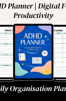 ADHD Planner displayed on iPad in colourful office workspace