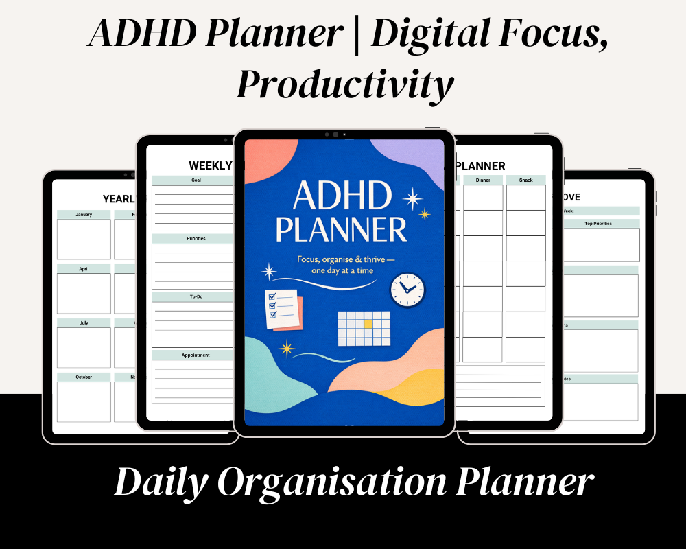 ADHD Planner displayed on iPad in colourful office workspace