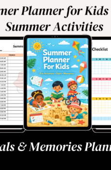 Colorful Summer Planner for Kids cover featuring children playing at the beach, a sandcastle, kite, bicycle, ice cream, and summer activity illustrations.