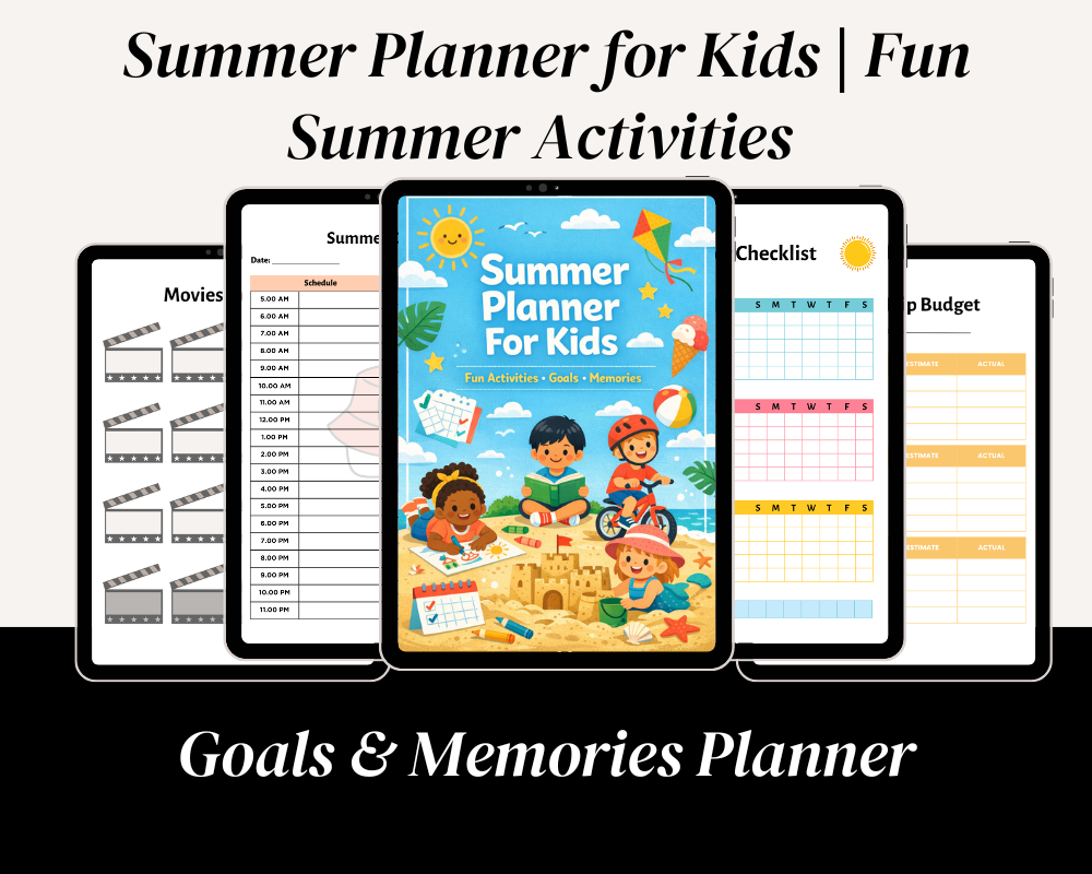 Colorful Summer Planner for Kids cover featuring children playing at the beach, a sandcastle, kite, bicycle, ice cream, and summer activity illustrations.