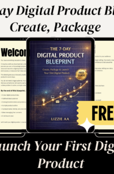 The 7-Day Digital Product Blueprint ebook cover by Lizzie AA, a free guide to creating, packaging, and launching a first digital product.