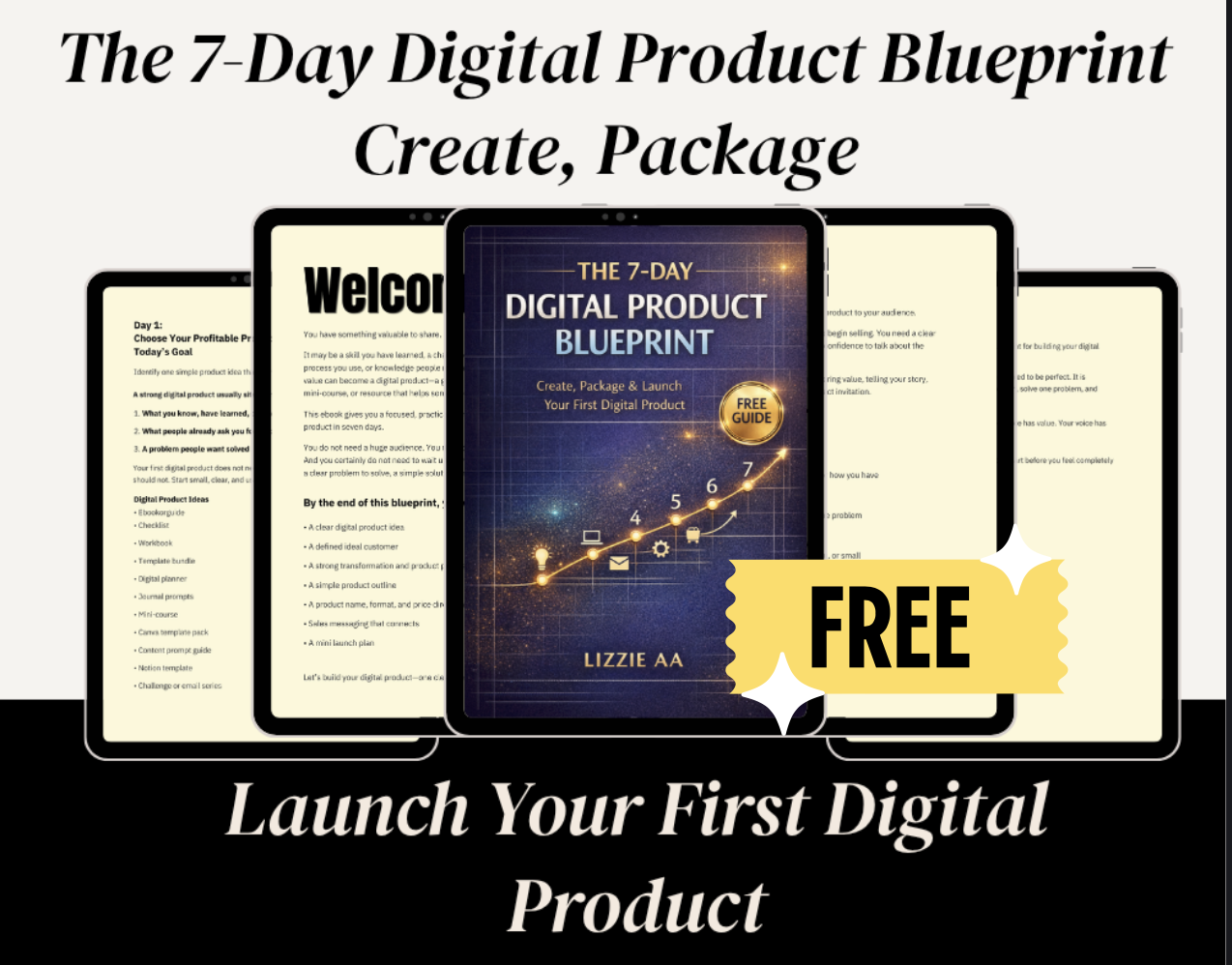 The 7-Day Digital Product Blueprint ebook cover by Lizzie AA, a free guide to creating, packaging, and launching a first digital product.